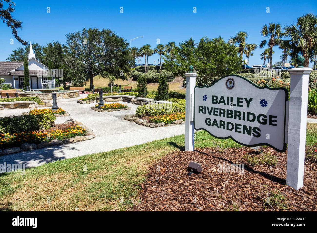 Floride, Ormond Beach, Halifax River Water, Bailey River Waterbridge Gardens, front de mer, parc, panneau, Pilgrims Rest Église baptiste primitive, bâtiment historique Banque D'Images