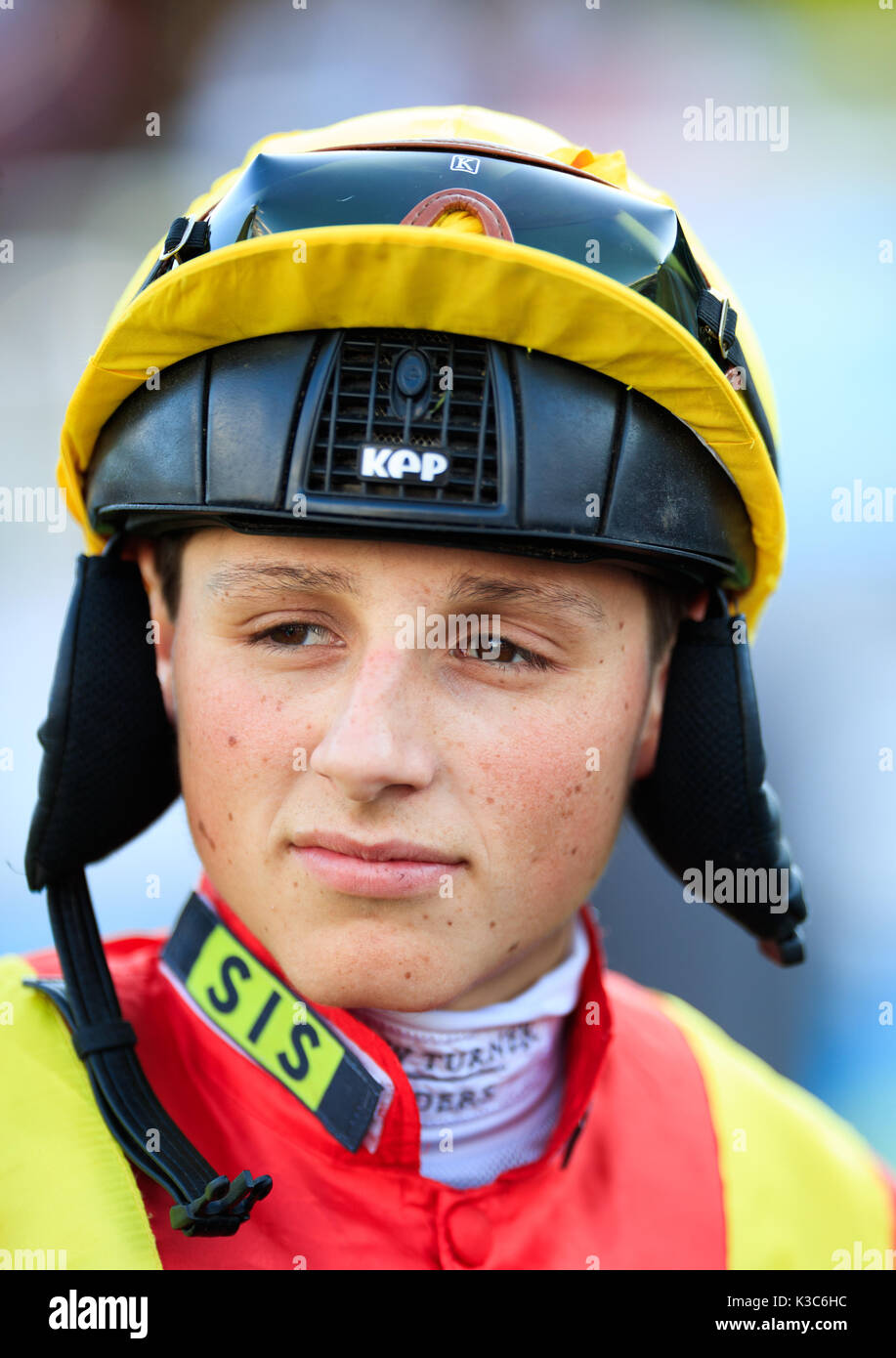 George Wood, jockey à Sandown Park Racecourse, Esher. ASSOCIATION DE PRESSE Photo. Photo date : Samedi 2 septembre 2017. Voir l'activité de course histoire de Sandown. Crédit photo doit se lire : John Walton/PA Wire Banque D'Images