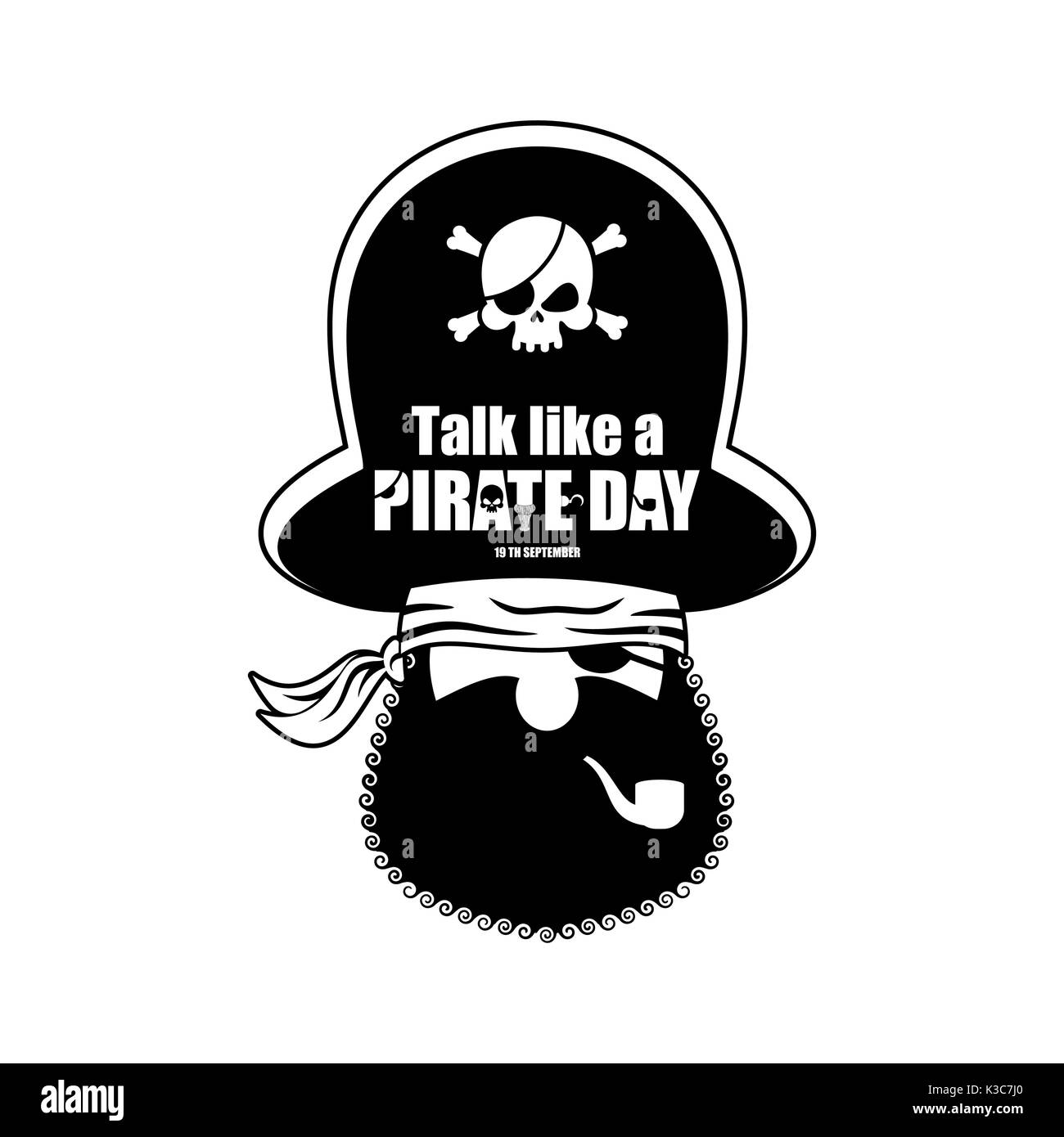 Parler comme un pirate international 24. pirate portrait in hat. cache et des fumeurs de l'obstruction du tuyau. cap. les os et crâne. head corsair barbe noire. Illustration de Vecteur