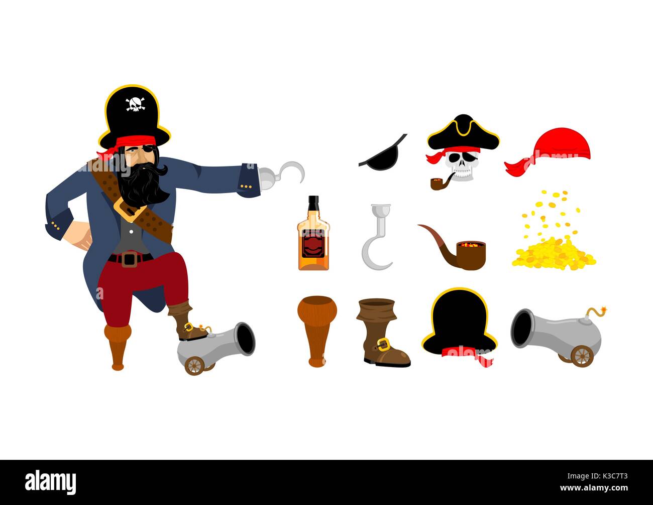Jeu de pirate. Pirates hat. Cache et des fumeurs. Les os et le crâne. Pied en bois. Pièces d'or. Bouteille de rhum et Cannon Illustration de Vecteur