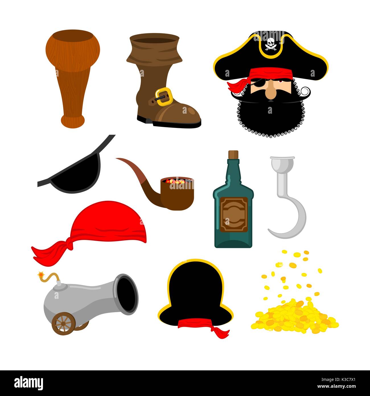 Jeu de pirate. Pirates hat. Cache et des fumeurs. Les os et le crâne. Pied en bois. Pièces d'or. Bouteille de rhum et Cannon Illustration de Vecteur