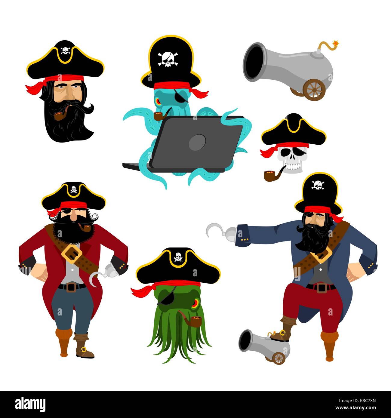 Jeu de pirate caractères. Site Web octopus pirate. pilzmarmelade avec Cannon. Crâne et de l'obstruction hat Illustration de Vecteur
