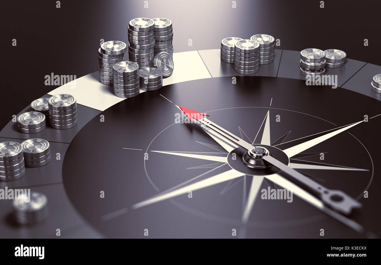 Boussole sur fond noir, l'aiguille dirigée vers le plus gros tas d'argent, concept de faire des profits et de bons conseils en matière de placement ou de gestion de patrimoine Banque D'Images