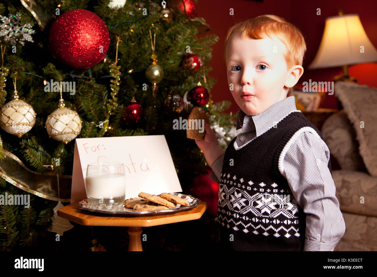 Young boy eating cookies laissés pour le père Noël la veille de Noël. Banque D'Images