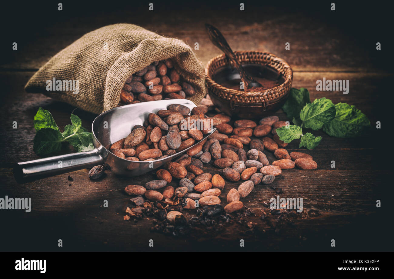 Still Life de cacao en poudre dans un bol et verser les fèves de cacao dans un sac de jute Banque D'Images