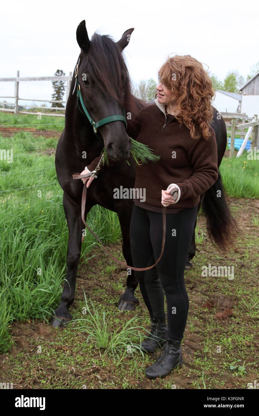 Jeune femme aux cheveux rouge en vert champ avec cheval. Banque D'Images