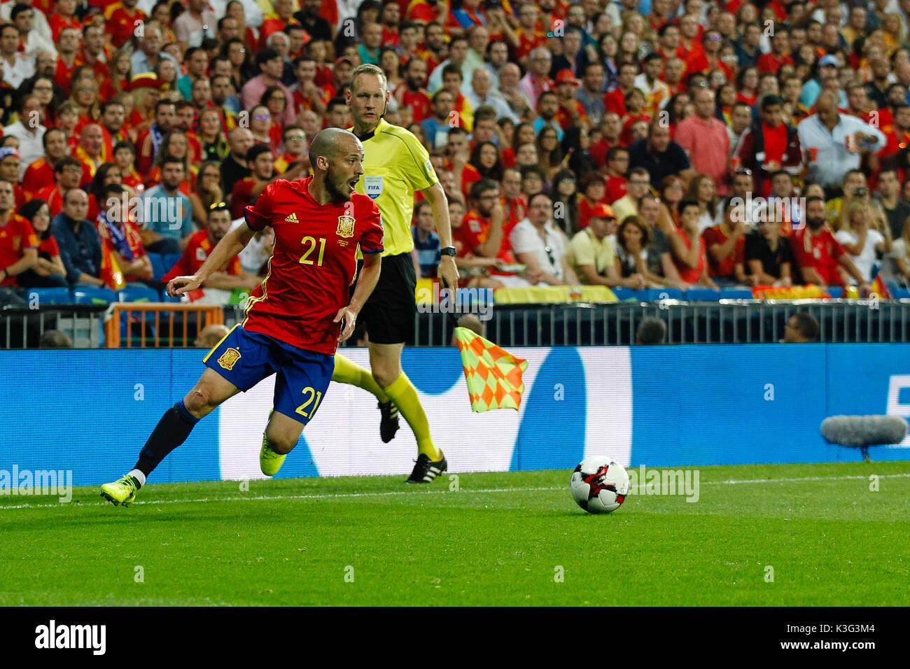 David Silva (21) joueur espagnol. En action au cours de la qualification pour la Coupe du Monde 2018, Round 7, entre l'Espagne contre l'Italie au Santiago Bernabeu à Madrid, Espagne, le 2 septembre 2017 . Banque D'Images