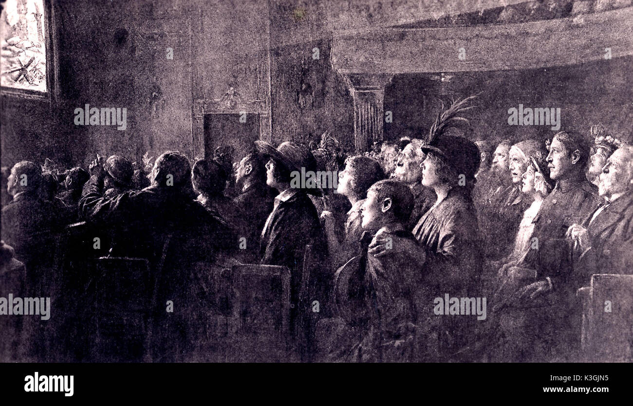 AU CINEMATOGRAPHE après l'illustration par J Simont, qui montre un cinéma français devant un auditoire film autorisé la couverture de la Première Guerre mondiale Banque D'Images