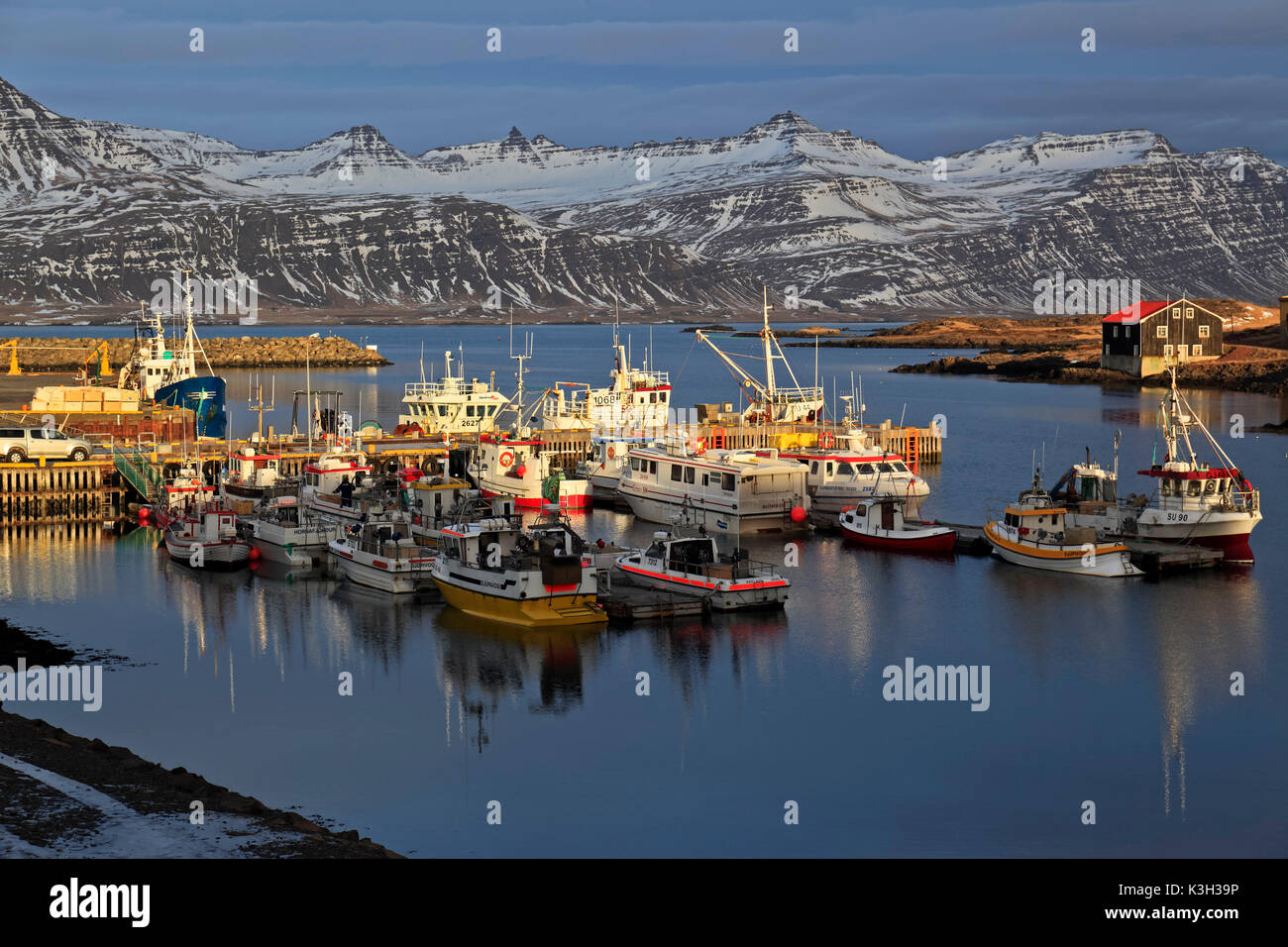 L'Islande, l'Austurland, fjords de l'Est, l'Est de l'islande, vue sur le port de Djupivogur, Berufjördur Banque D'Images