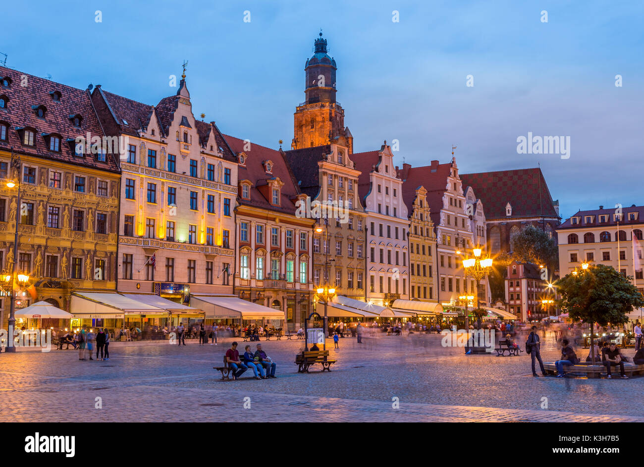 Pologne, Wroclaw, Market Square, St Elisabeth Beffroi Banque D'Images