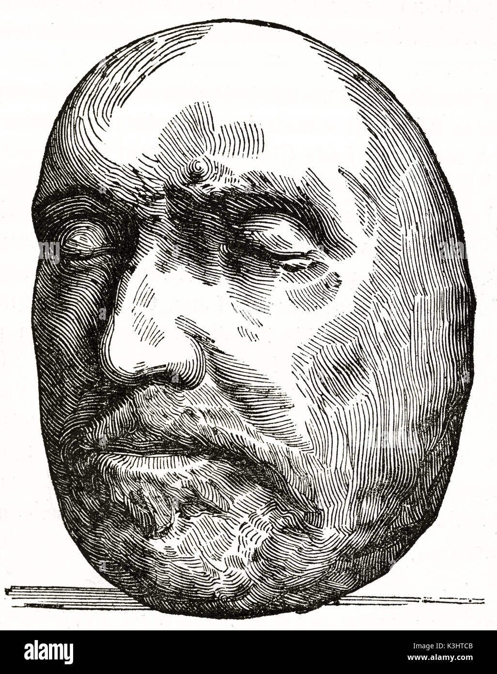 Ancien d'Oliver Cromwell reproduction gravée masque étain anglais (chef militaire et politique, 1599 - 1658). Créé par Andrew, Best et Leloir, publié le Magasin Pittoresque, Paris, 1838 Banque D'Images