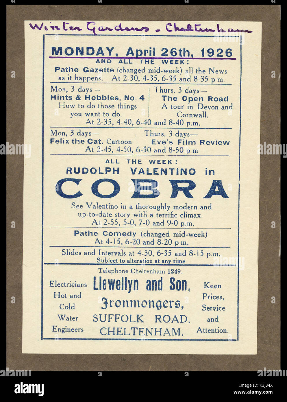 PAGE D'UN PROGRAMME D'UN MONTRANT DE COBRA, montrant le programme, qui comprend la route ouverte dans le système couleur, Biocolor Friese-Greene Banque D'Images