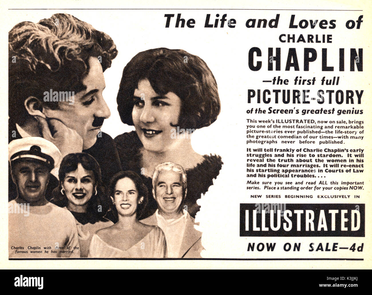 CHARLES CHAPLIN [1889 - 1977] Advertiement pour une série d'articles de magazines à propos de sa "vie et aime' Charles Chaplin Banque D'Images