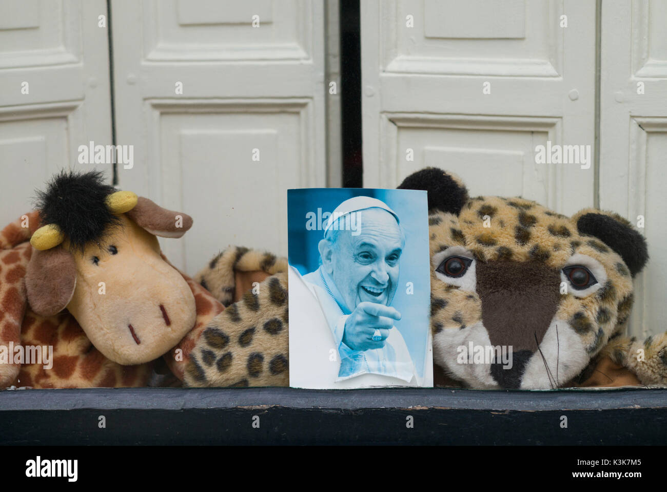 Pays-bas, Amsterdam, Jordaan, photo du Pape François avec les animaux en peluche Banque D'Images