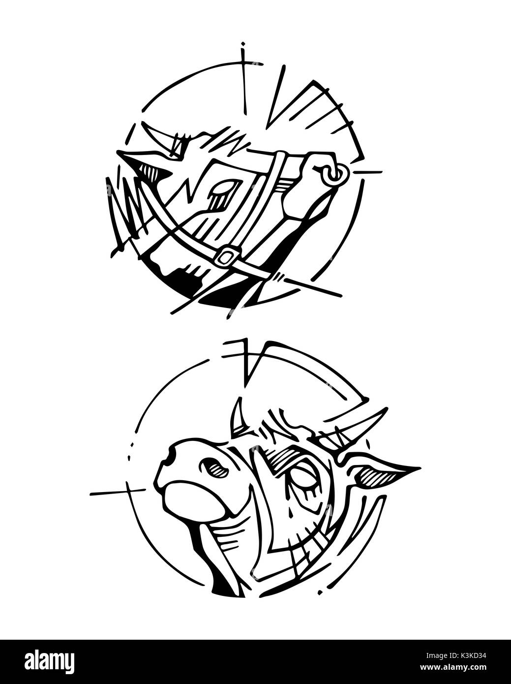 Hand drawn vector illustration ou dessin à l'encre de certaines têtes de vache Banque D'Images