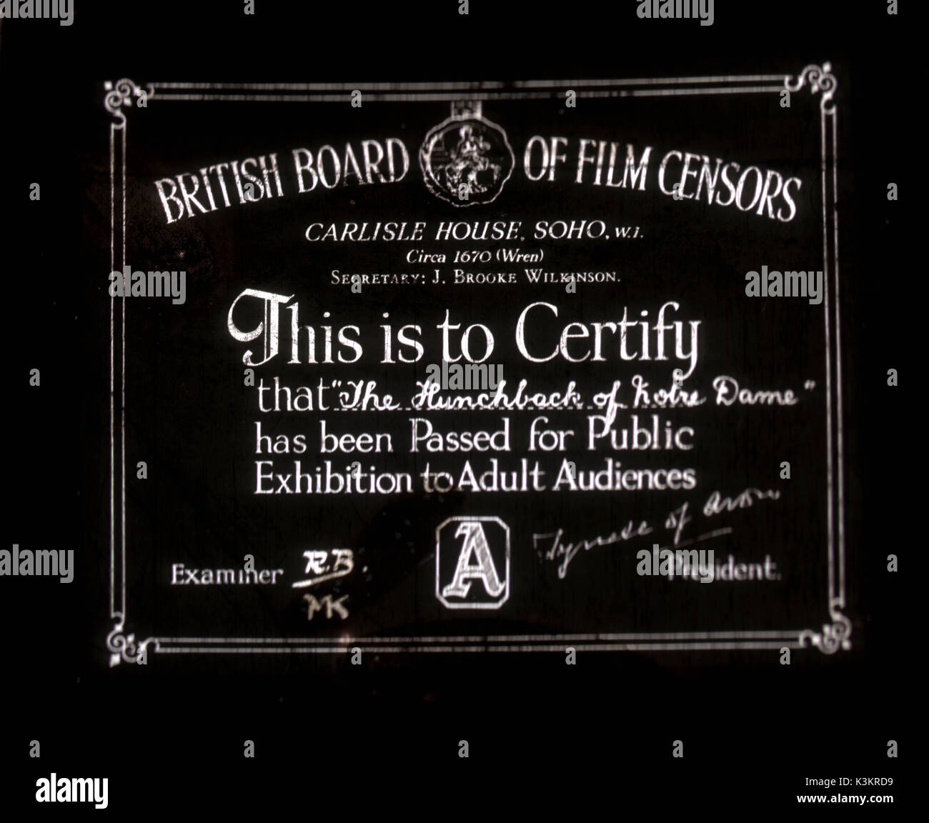 BRITISH BOARD OF FILM CENSORS UN CERTIFICAT Banque D'Images