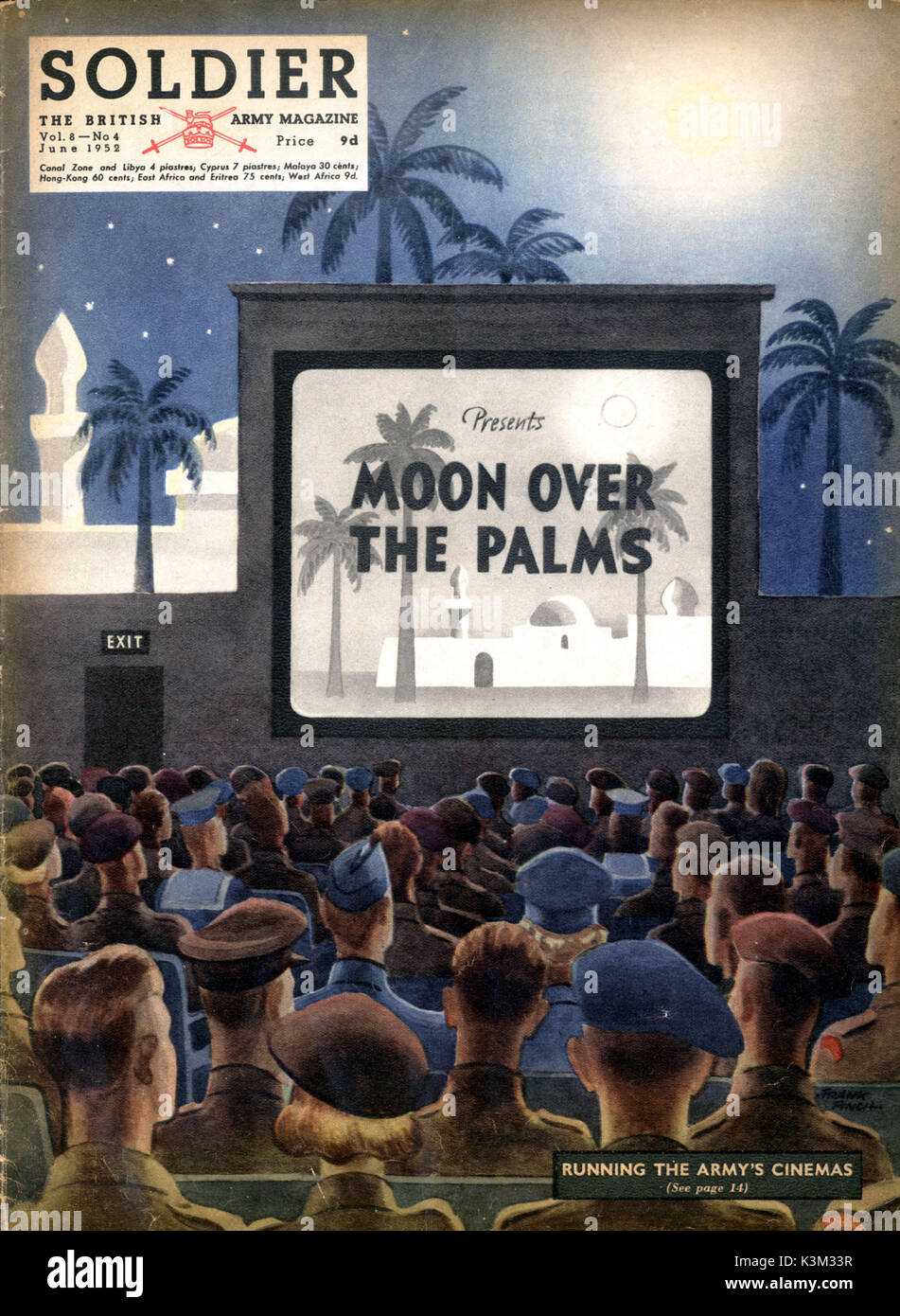 ILLUSTRATION DE SOLDATS DE REGARDER UN FILM EN PLEIN AIR DE L'ARMÉE BRITANNIQUE SOLDAT MAGAZINE Volume 8 Numéro 4 Juin 1952 Banque D'Images