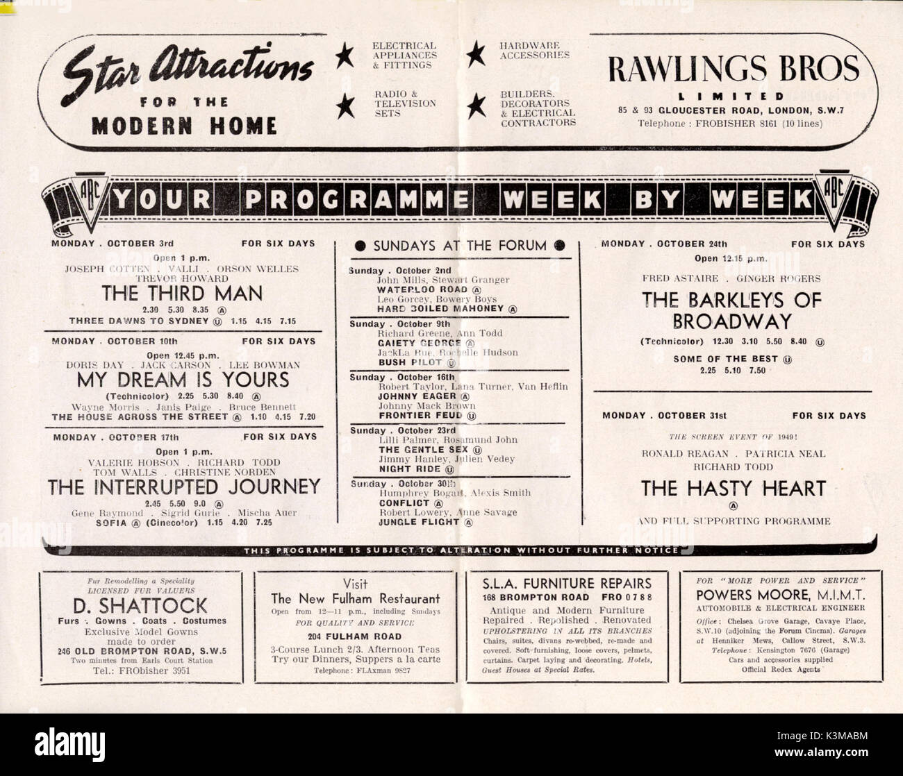 La chaîne ABC CINEMA programme mensuel Programme pour le FORUM ABC CINÉMA, FULHAM OCTOBRE 1949 Film que semaine inclus le troisième homme, la BARKLEYS OF BROADWAY, le coeur à la hâte, mon rêve est la vôtre, LE VOYAGE INTERROMPU Banque D'Images