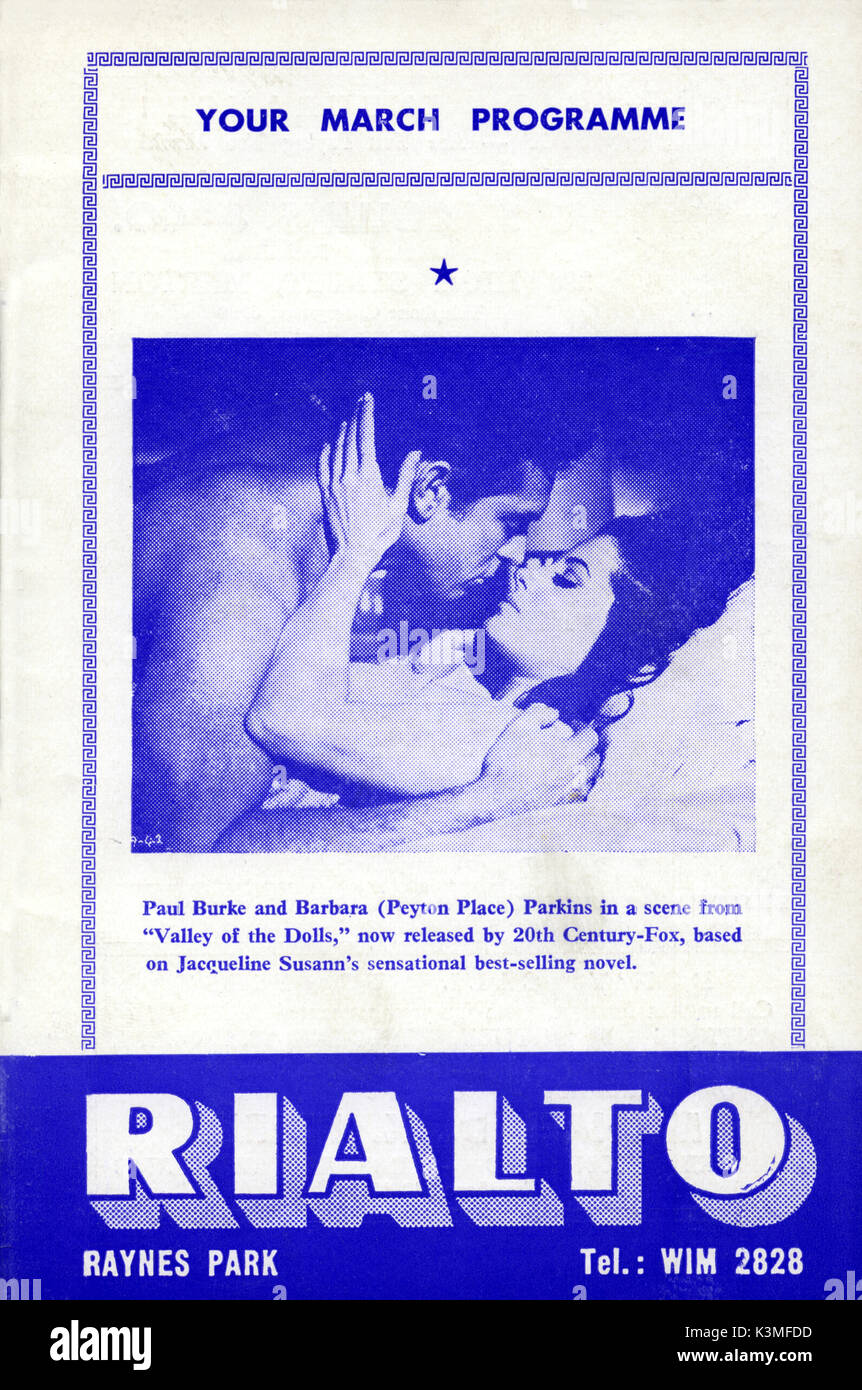 Le CINÉMA RIALTO, RAYNES PARK PROGRAMME CINÉMA AVEC PAUL BURKE ET BARBARA PARKINS dans 'LA VALLÉE DES POUPÉES", Mars 1968 Banque D'Images