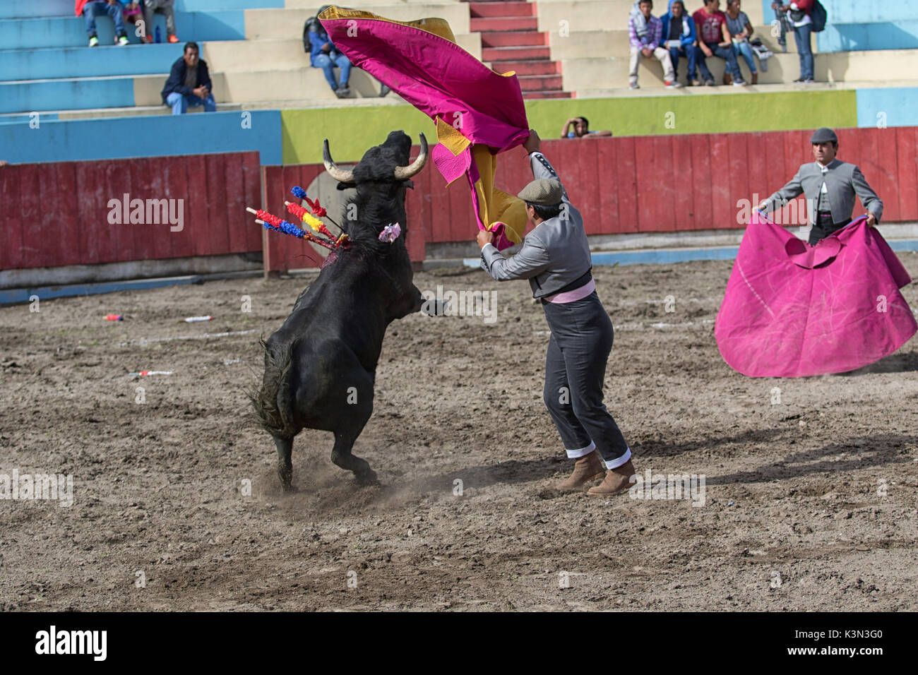 18 juin 2017, Pujili, Équateur : un assistant appelé 'Torero' picador debout devant un taureau avec cape Banque D'Images
