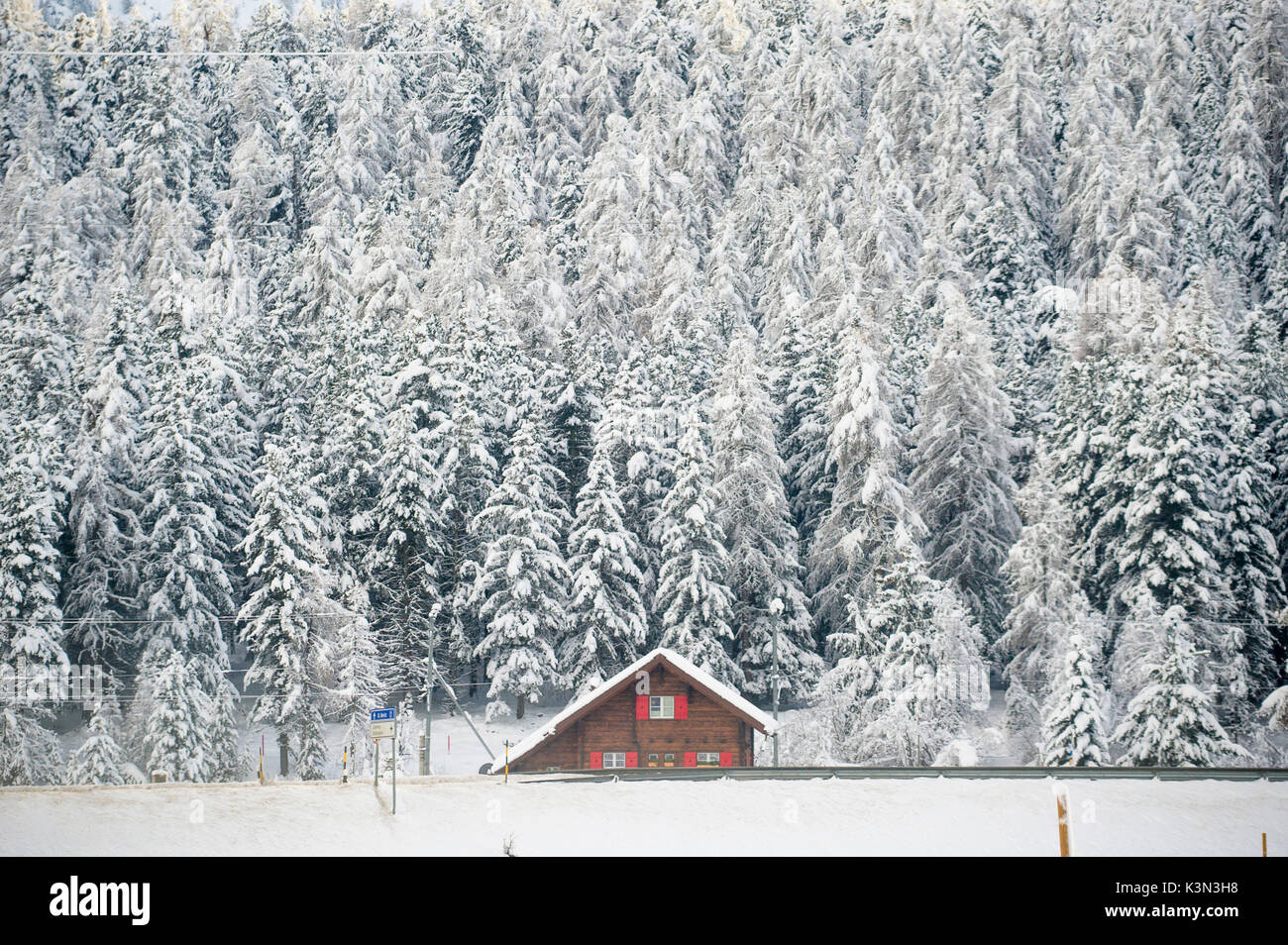 Maison solitaire en hiver. Forch, Engadine, Suisse Banque D'Images