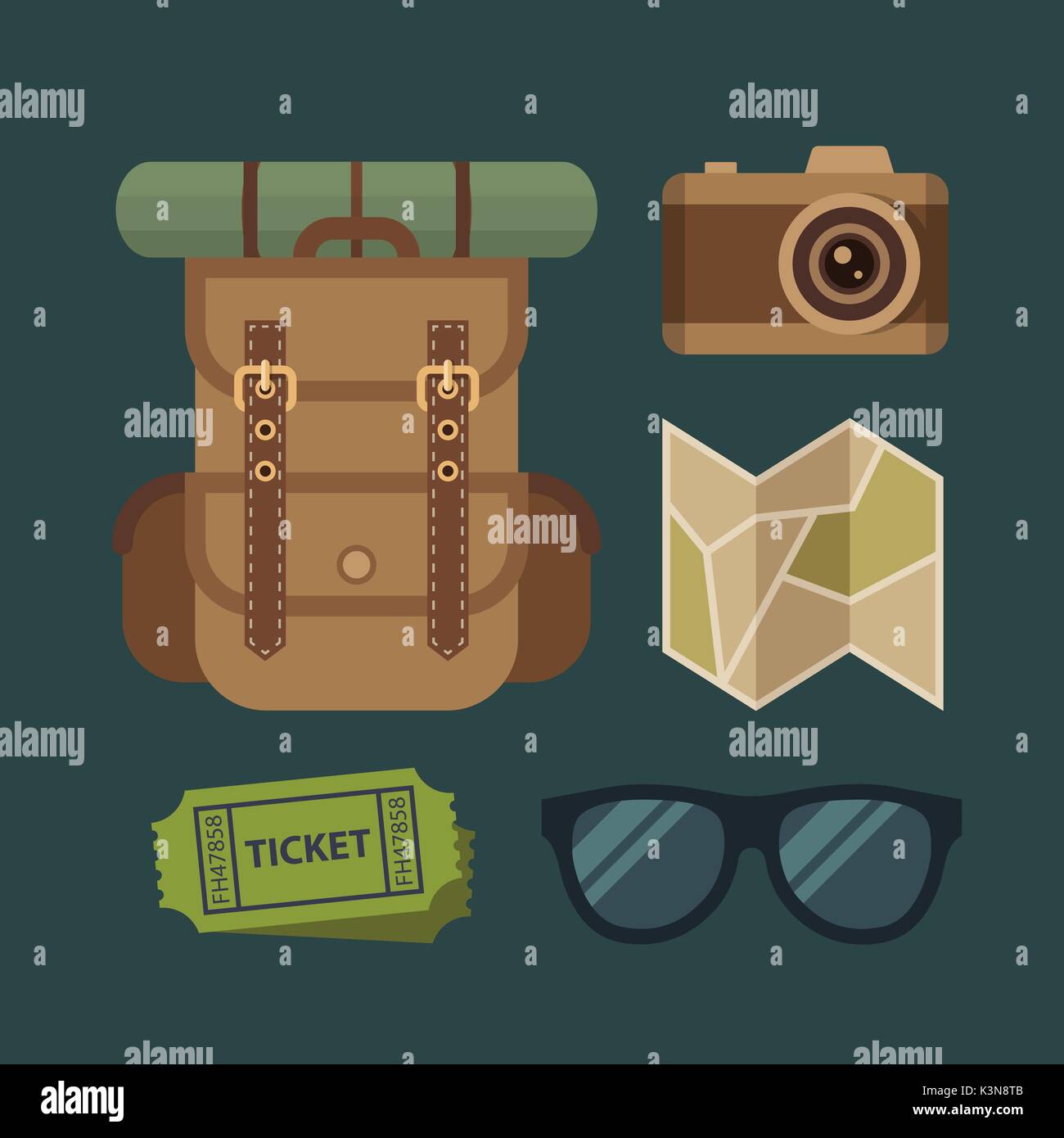Les voyages et le camping indiqué télévision illustration. Sac à dos de touriste, appareil photo, carte pliée, billets et lunettes Illustration de Vecteur