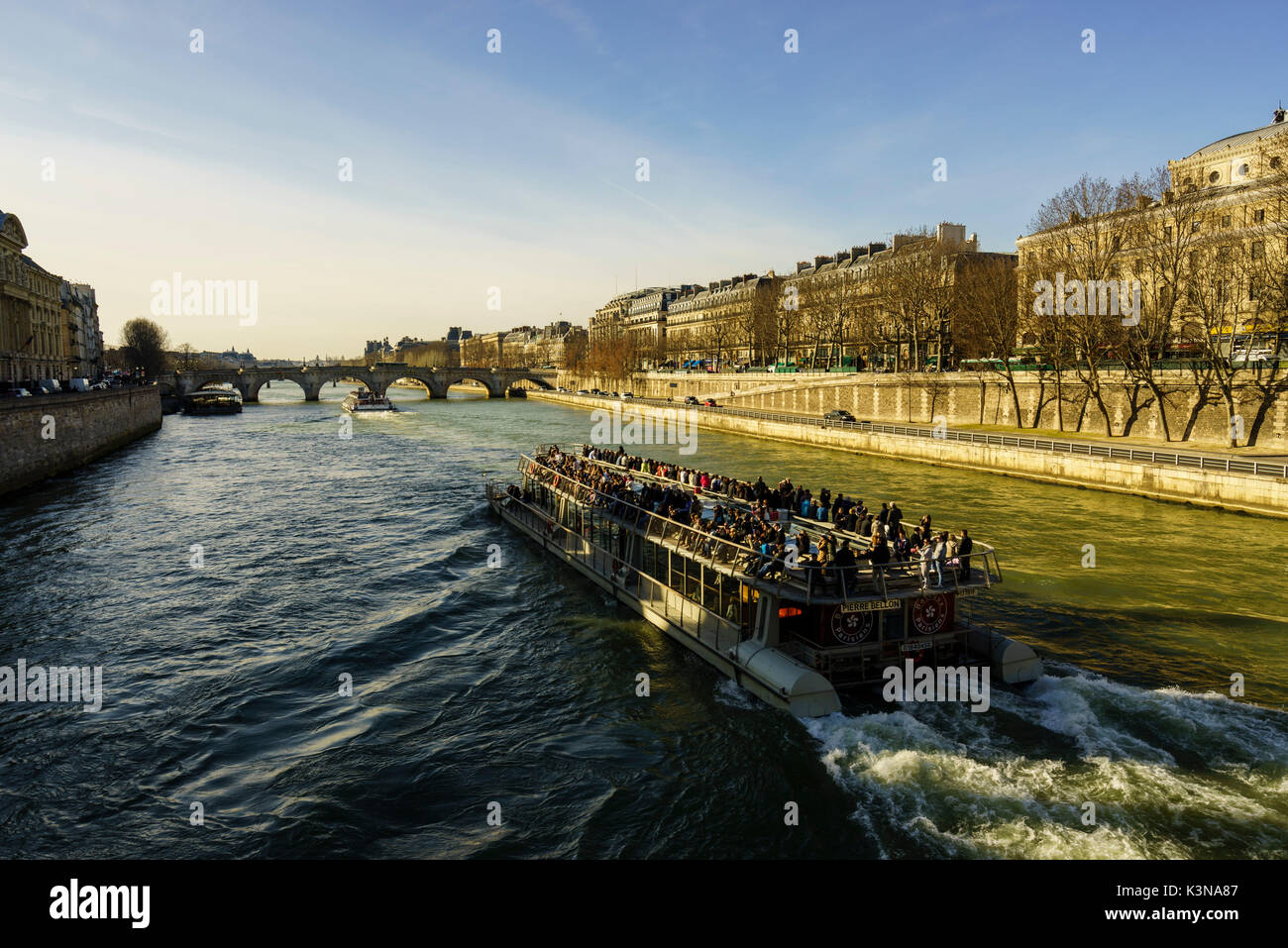 Traversier pour passagers descendant la Seine, Paris, France Banque D'Images