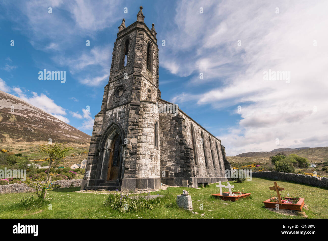 Dunlewey (Dunlewy) vieille église, empoisonné Glen, comté de Donegal, région de l'Ulster, l'Irlande, l'Europe. Banque D'Images
