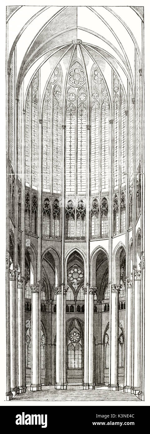 Reproduction antique de l'abside de la cathédrale de Beauvais en France de coco. Hautes colonnes, fenêtres et arcades ogivales. Par auteur non identifié publié le magasin pittoresque Paris 1839 Banque D'Images