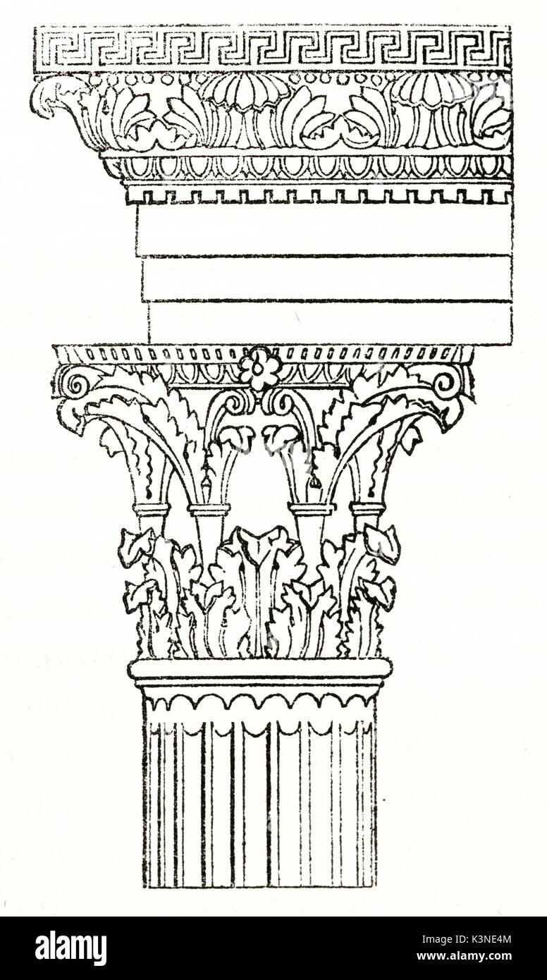 Chapiteau corinthien et peu partie d'une colonne. Détail architectural antique dans le porche de la cathédrale d'Avignon. Par auteur non identifié publié le magasin pittoresque Paris 1839 Banque D'Images
