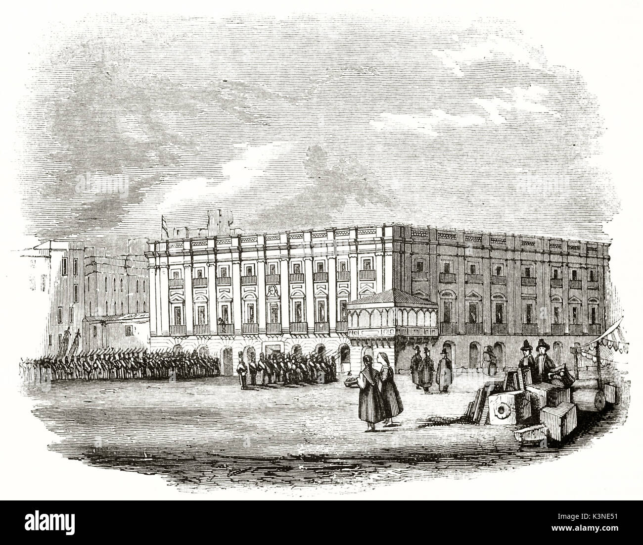 Palais historique à Barcelone sur une grande place avec des soldats et de diverses personnes. Par auteur non identifié publié le magasin pittoresque Paris 1839 Banque D'Images