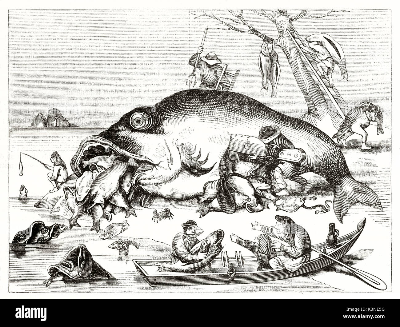 Contexte dans un grotesque ancienne gravure ancienne illustration. Gros poisson couché après un voyage de pêche. Après Pieter Bruegel l'ancien publié le magasin pittoresque Paris1839 Banque D'Images