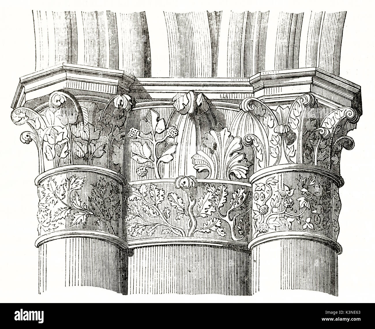 Détails architectoniques d'une capitale du pilier dans la nef de la cathédrale de Reims en France. L'élément isolé sur fond blanc par auteur non identifié publié le magasin pittoresque Paris1839 Banque D'Images