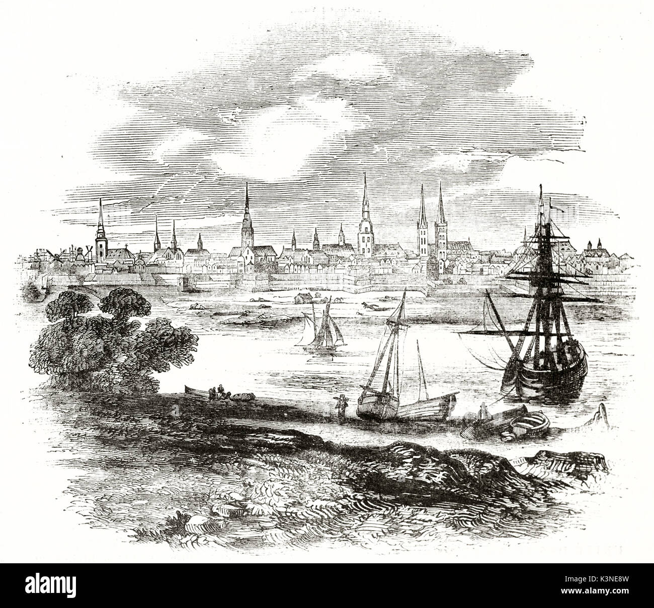 L'ancienne ville de Hambourg à partir d'une vue sur la rive de l'Elbe. Vieux voiliers traversent l'eau. Par auteur non identifié publié le magasin pittoresque Paris 1839 Banque D'Images