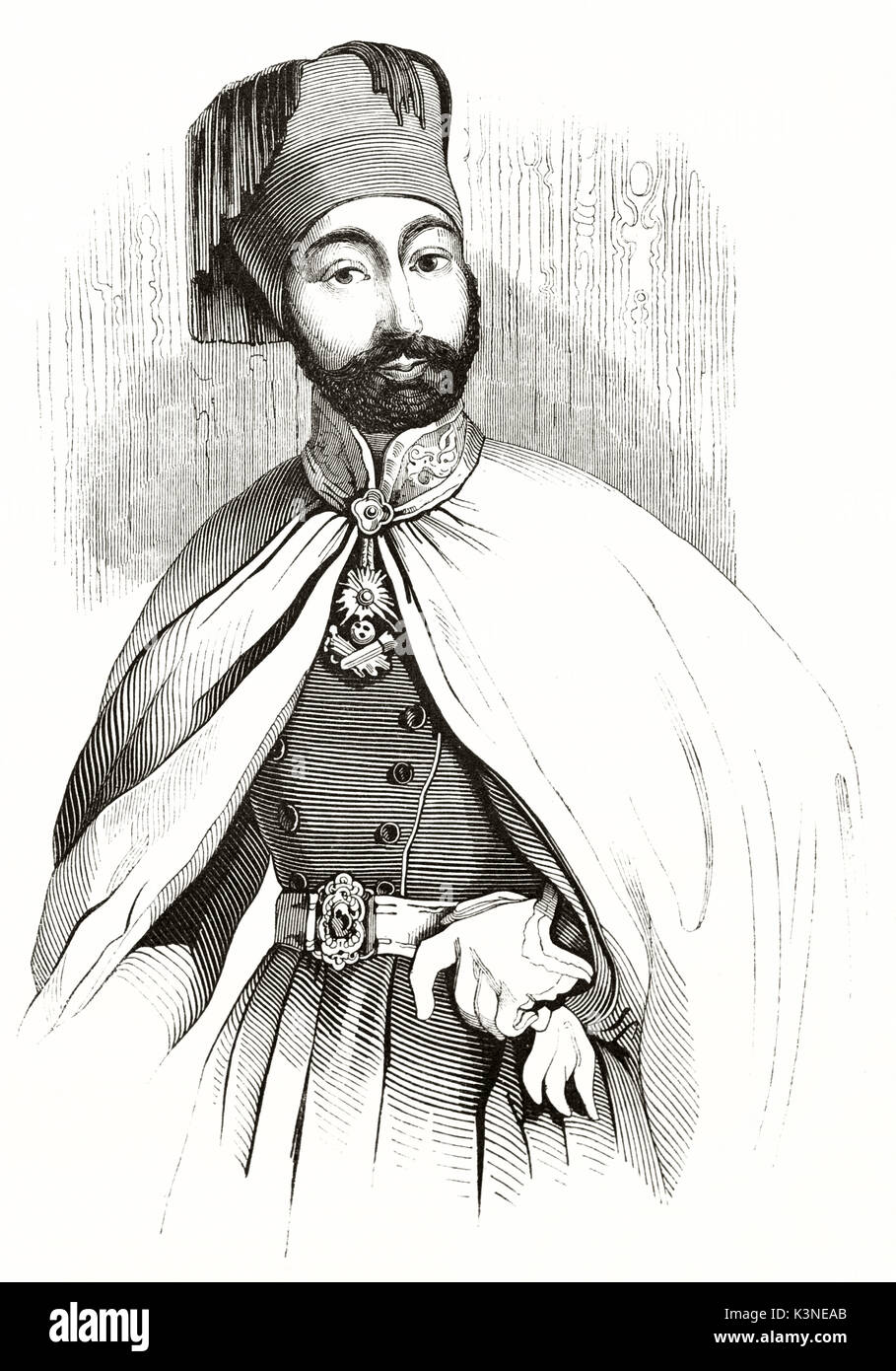 Mahmud II (1785 - 1839), Sultan de l'Empire Ottoman, dans son uniforme traditionnel avec manteau blanc et élégant fez. ncient portrait par auteur non identifié publié le magasin pittoresque Paris1839 Banque D'Images