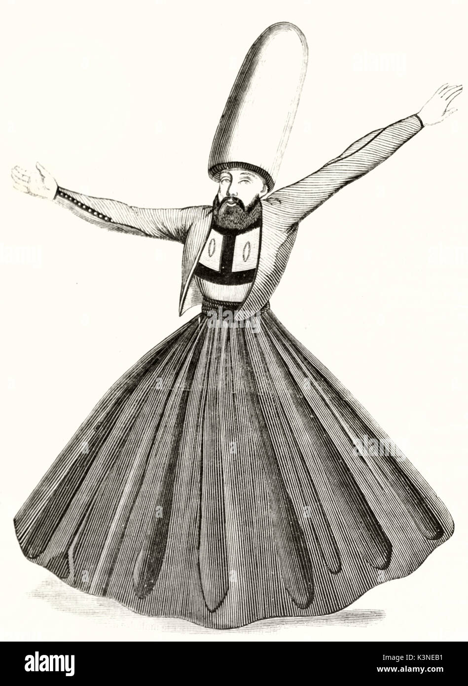 L'ordre Mevlevi antique (l'homme lancer du chemin soufi) également connu  sous le nom de derviches tourneurs. Corps plein d'un étrange costume avec  une longue jupe. Magasin pittoresque Paris 1839 Photo Stock -