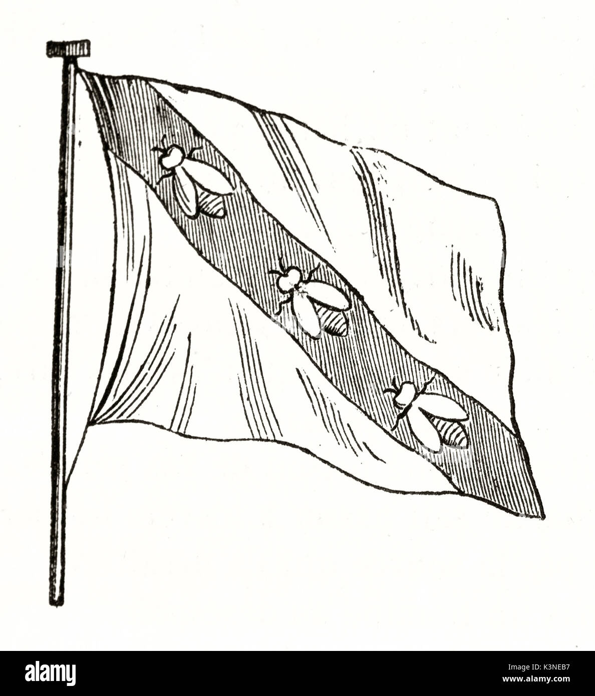 Simple isolé décrit la reproduction du drapeau de l'île Elbe Napoléon sur fond blanc. Après la gravure antique dans la collection Hennin publié le magasin pittoresque Paris 1839 Banque D'Images