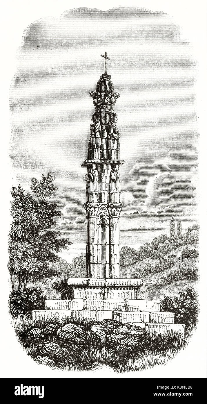 Monument en pierre ancienne, en forme de colonne, seul dans la forêt profonde. Vue ancienne de Nerigean cross Gironde France. Par auteur non identifié publié le magasin pittoresque Paris 1839 Banque D'Images