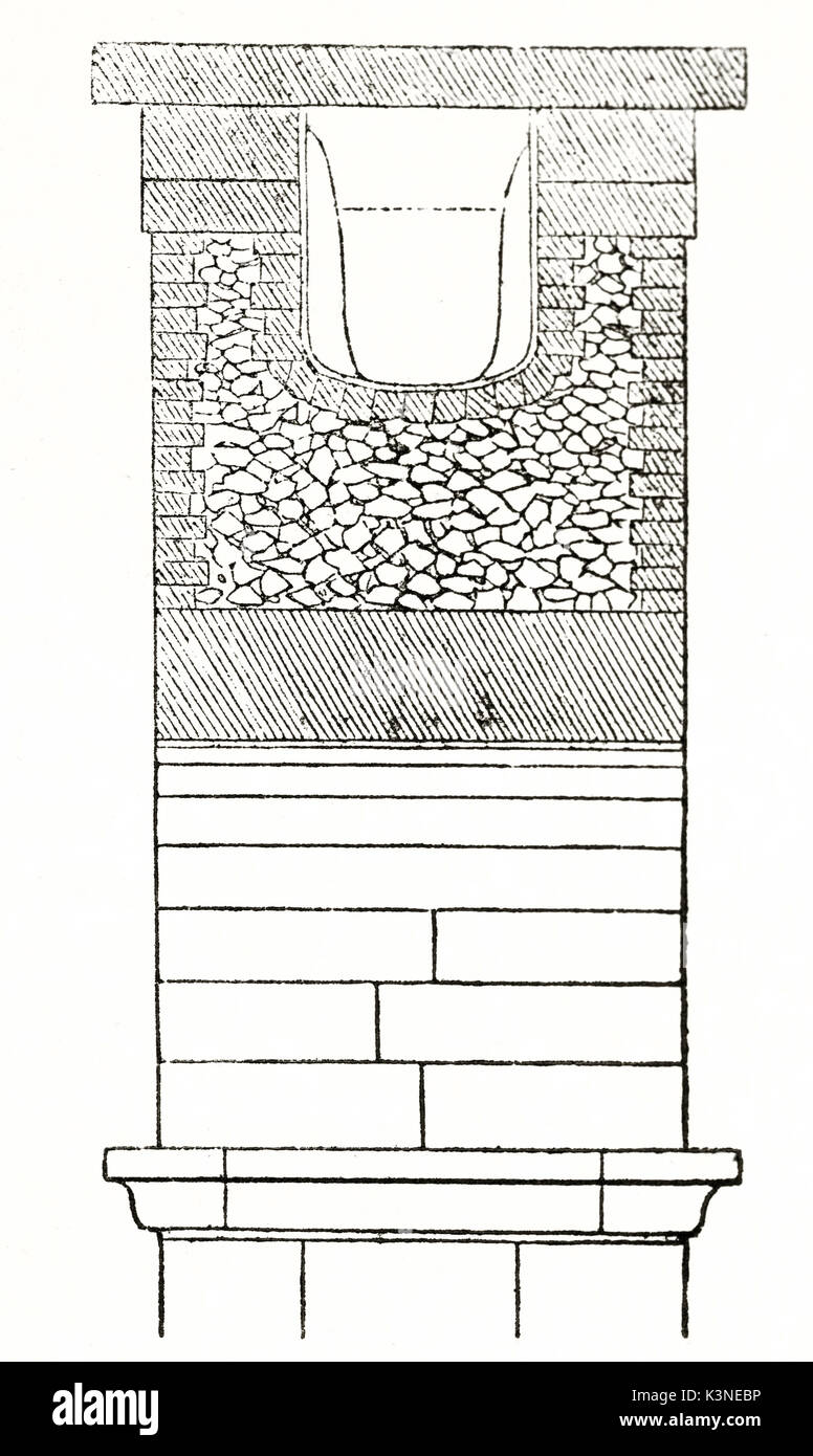 Ancienne croix de sommet de l'aqueduc de Nîmes section représentée avec un schéma en noir et blanc indiquant. Par auteur non identifié publié le magasin pittoresque Paris 1839 Banque D'Images