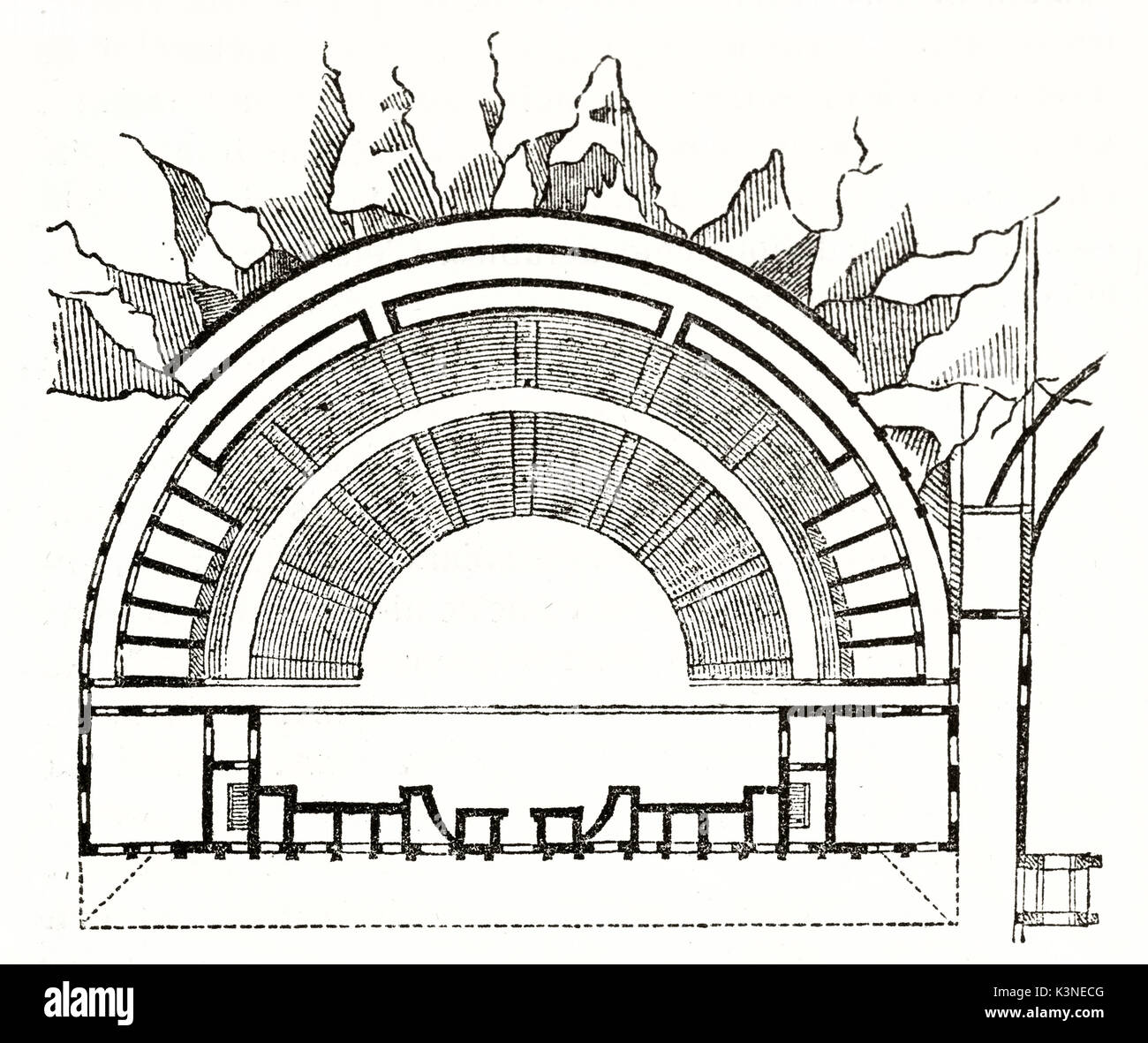 Planimétrie de l'ancien théâtre romain d'Orange Vaucluse France. Par auteur non identifié publié le magasin pittoresque Paris 1839 Banque D'Images