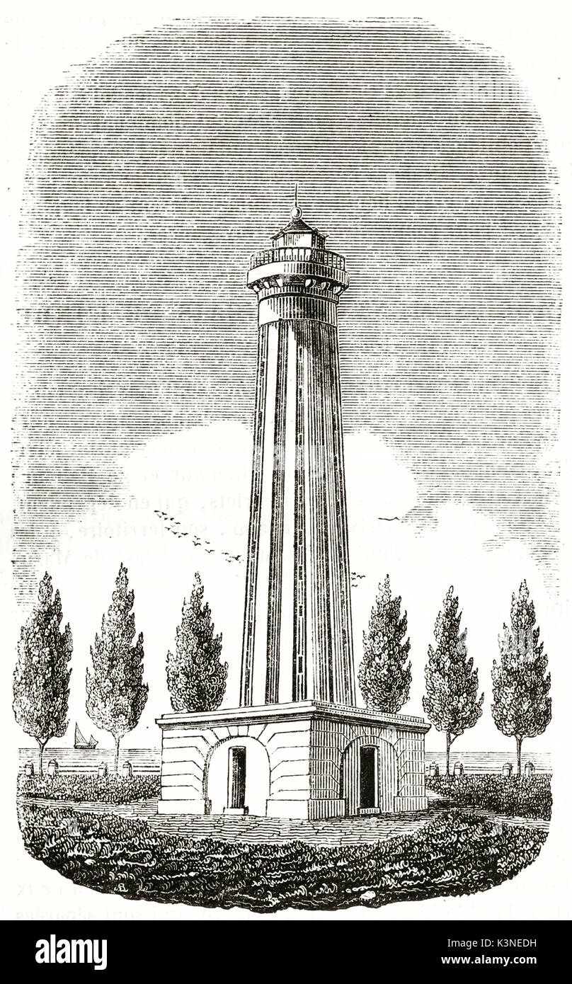 Ancien phare au milieu d'une composition ovale avec des bords s'est évanouie. Vue ancienne de Pondicherry lighthouse l'Inde. Par auteur non identifié publié le magasin pittoresque Paris 1839 Banque D'Images