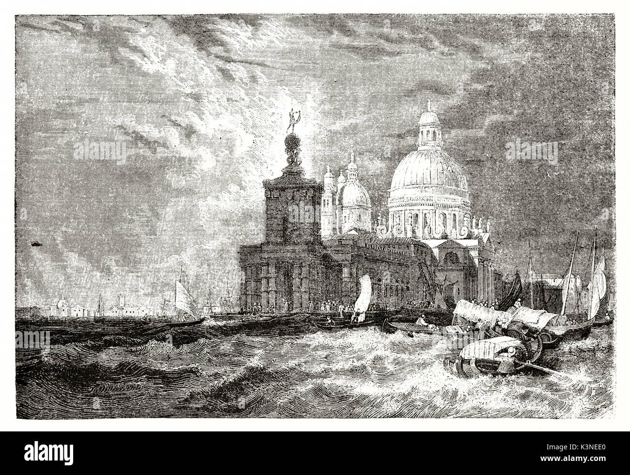 L'état de la mer au cours d'une tempête à Venise et la cathédrale sur l'arrière-plan. Vue ancienne de la Punta della Dogana Venise Italie. Par auteur non identifié publié le magasin pittoresque Paris 1839 Banque D'Images
