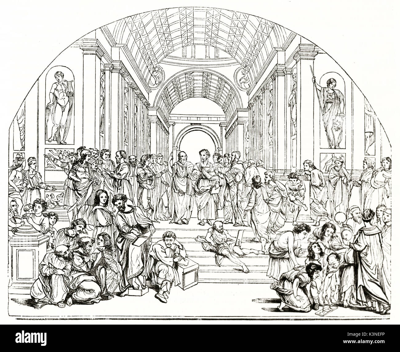 Les gens de la Grèce antique dans un grand hall portant des tuniques. Reproduction de la gravure ancienne Ecole d'Athènes fresque Renaissance dans le Palais apostolique du Vatican. Magasin pittoresque Paris 1839 Banque D'Images