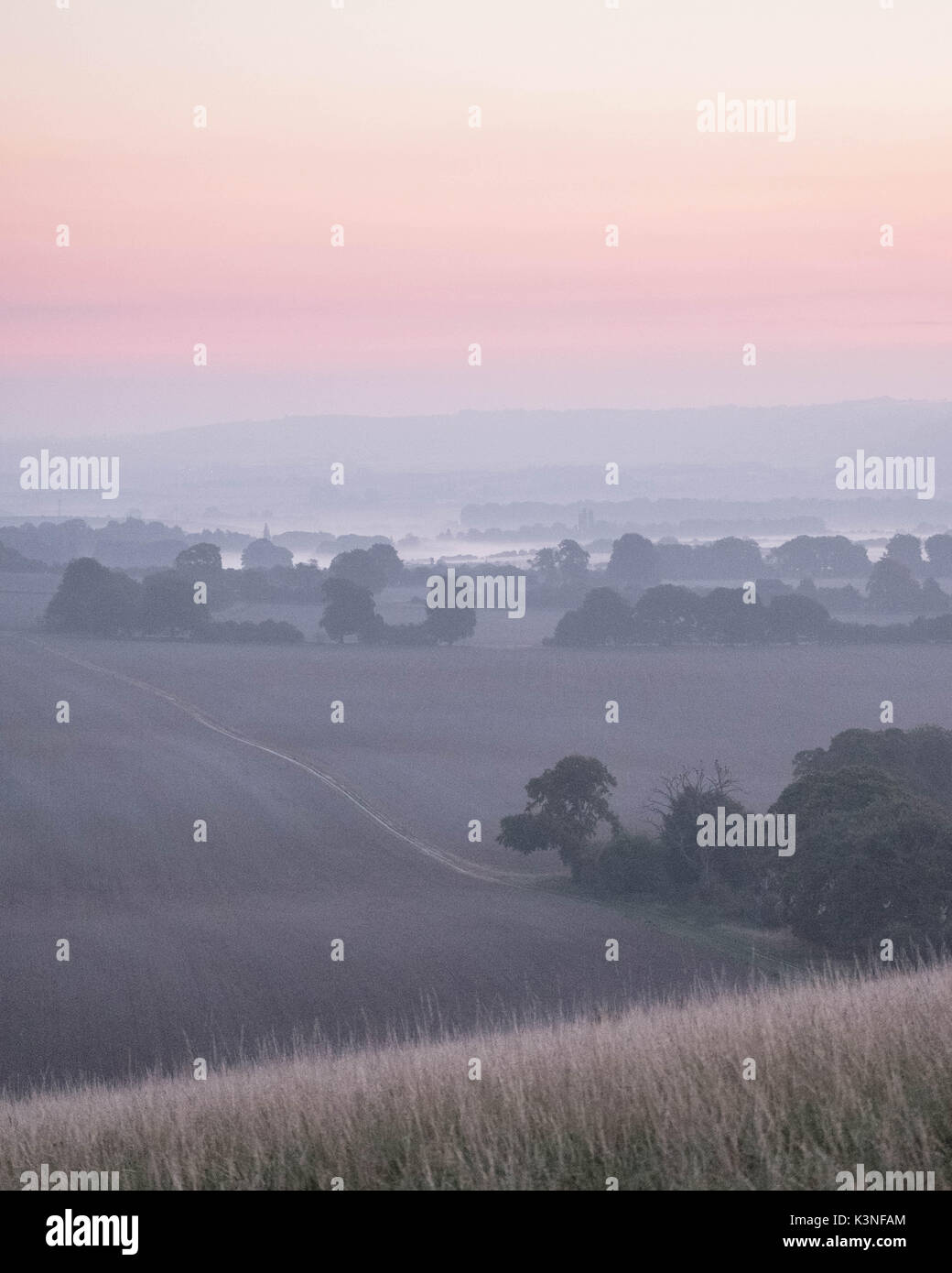 Mist rolls dans plus de la Dunstable Downs avant le lever du soleil sur un matin de fin d'été en 2017. Banque D'Images