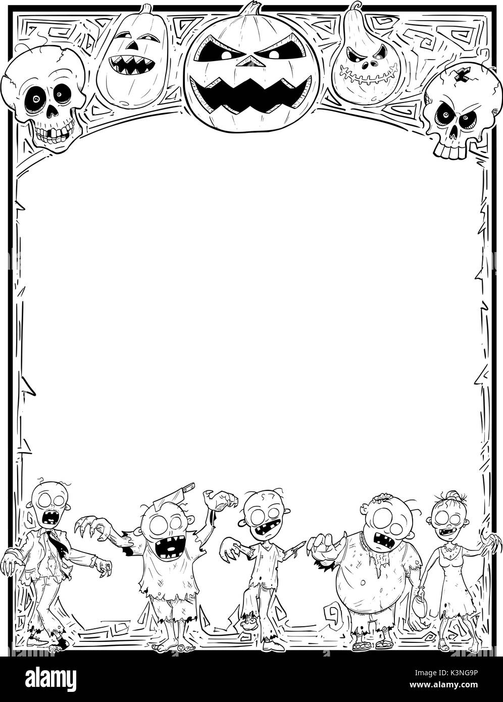 Dessin à la main cartoon Halloween cadre avec zombie mignon,le crâne et illustrations de citrouille. Illustration de Vecteur