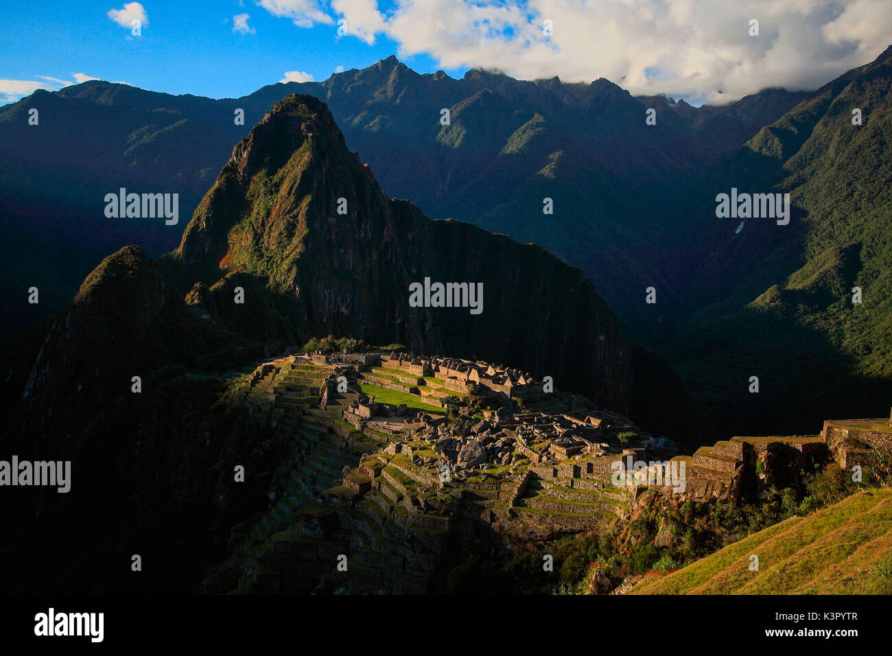 Le Machu Picchu est 2 430 m au-dessus du niveau de la mer, au milieu d'une forêt de montagne tropicale, dans un cadre magnifique. C'était probablement la plus incroyable création urbaine de l'Empire Inca à son apogée ; ses murs géants, terrasses et rampes semblent comme s'ils ont été réduits à l'état naturel dans les escarpements rocheux continu Pérou Amérique du Sud Banque D'Images