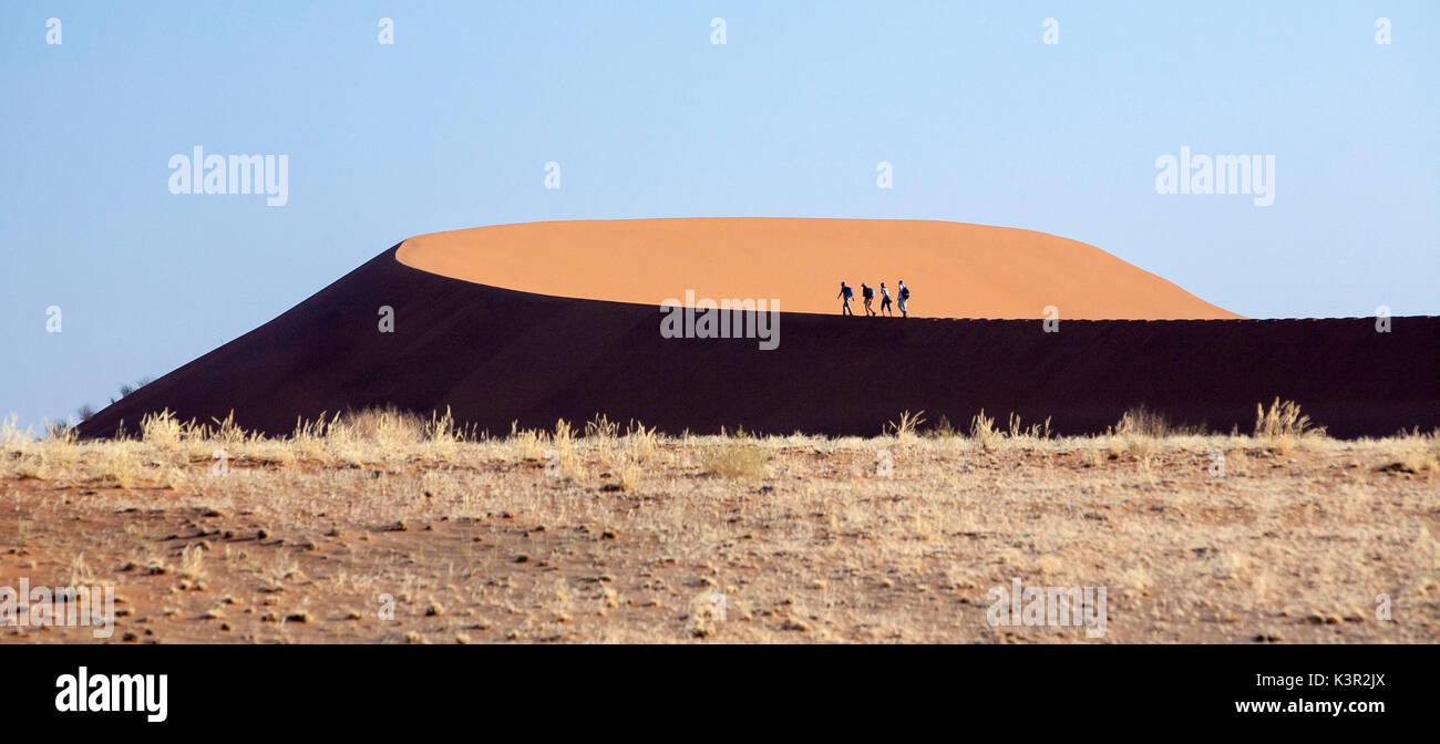 Les touristes marcher sur les dunes de sable façonné par le vent du désert du Namib Naukluft Deadvlei Sossusvlei Parc national en Afrique Namibie Banque D'Images