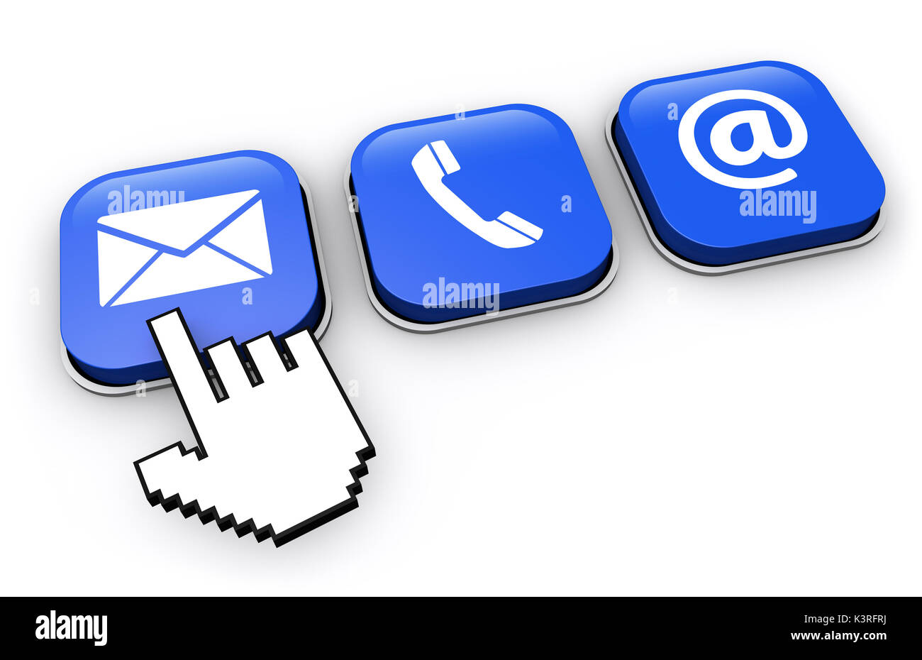 Site web Contactez-nous des boutons bleus avec e-mail, téléphone et l'icône en 3D illustration. Banque D'Images