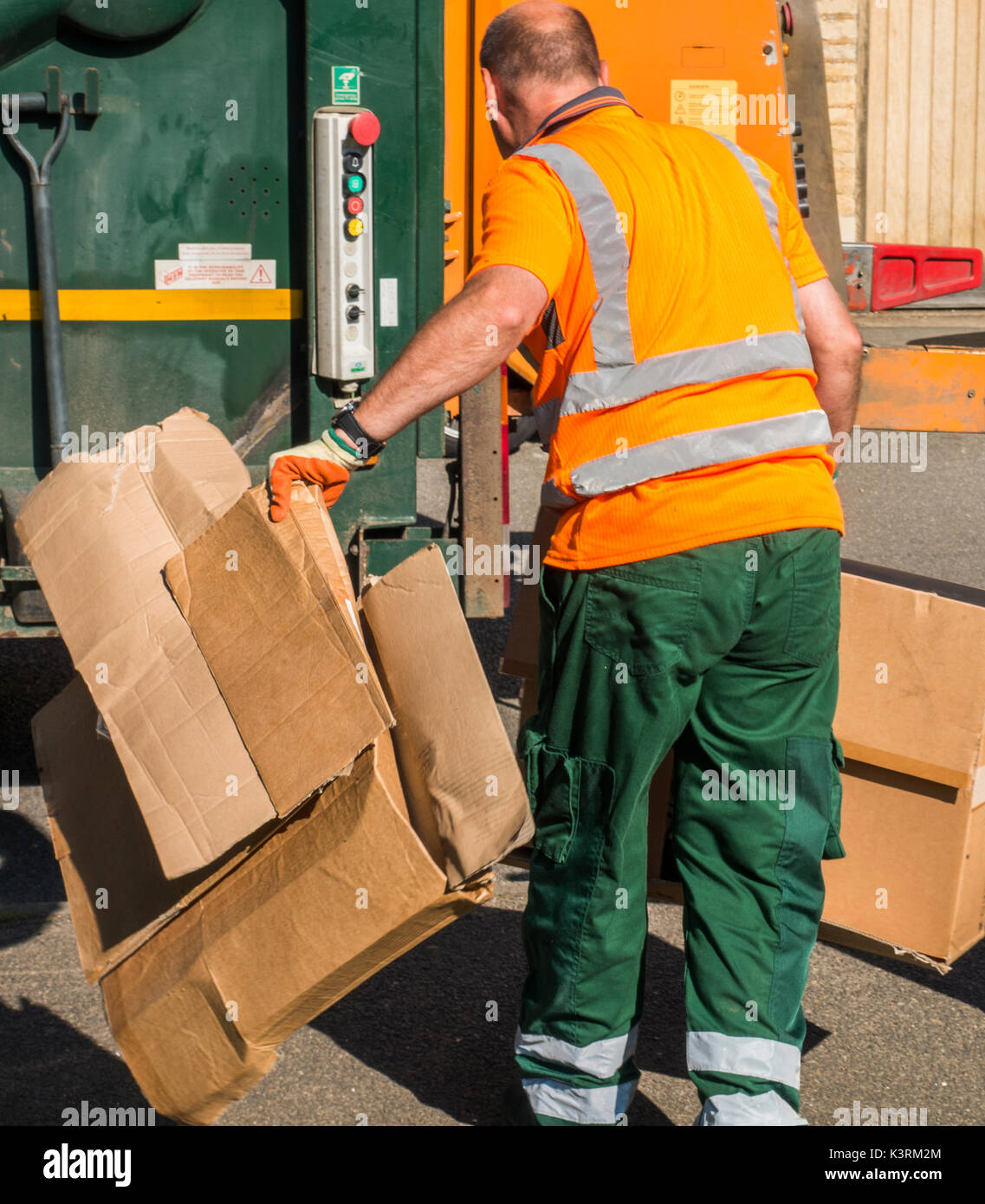 Un conseil ouvrier en tenant le carton déchets à la refuser camion sur une journée ensoleillée. Langtoft, près de Peterborough. Lincolnshire, Angleterre, Royaume-Uni. Banque D'Images