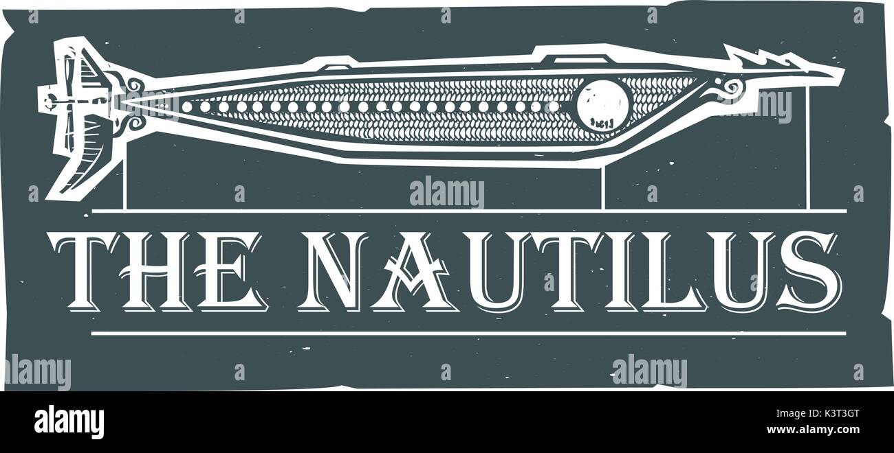 Gravure sur bois sous-marin Nautilus style Steampunk avec texte design Illustration de Vecteur